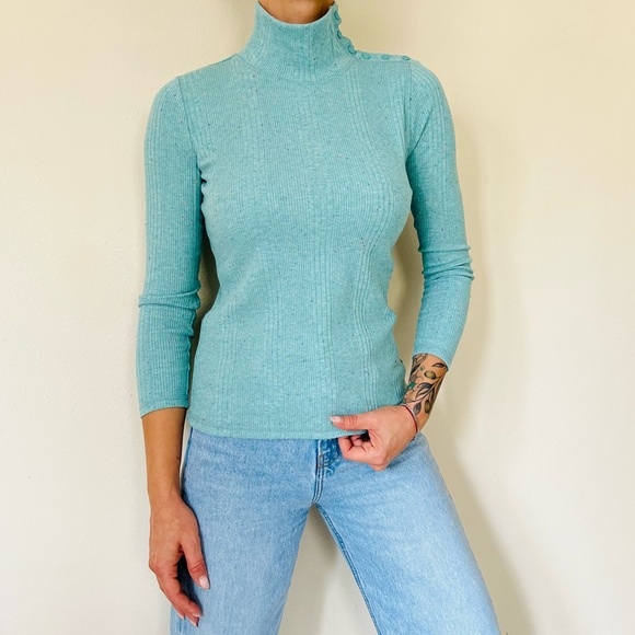 New T by Talbots long sleeve Turquoise turtleneck Snap Shoulder Ribbed top - Picture 2 of 9